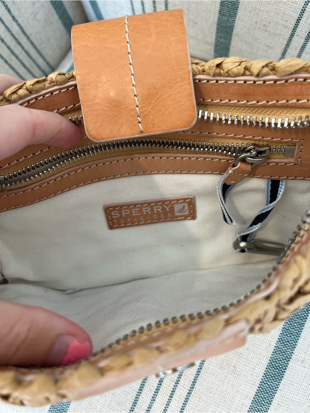 Sperry Two-Tone Woven Straw Clutch with Tan Leather Strap - Picture 3 of 3